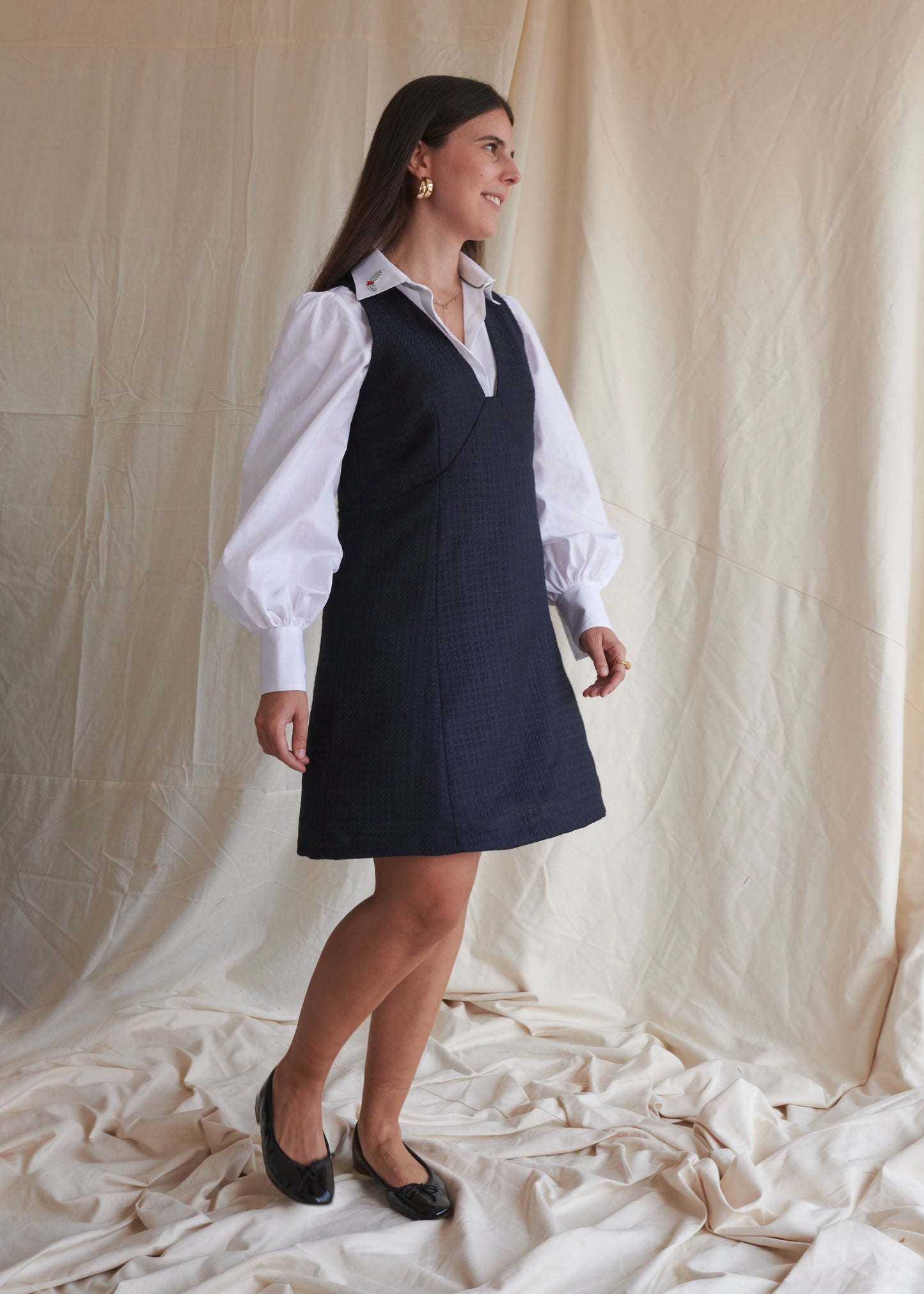 Vestido Mulher Azul em pied de poule