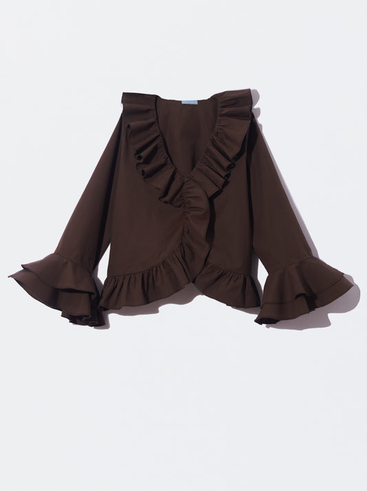 Camisa de mulher castanha com folhos