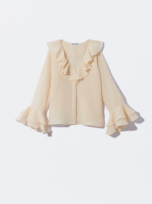 Camisa mulher bege com folhos