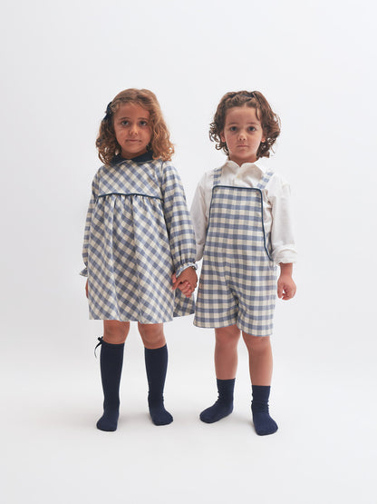 Jardineiras em xadrez azul com veludo