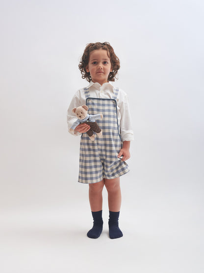 Jardineiras em xadrez azul com veludo