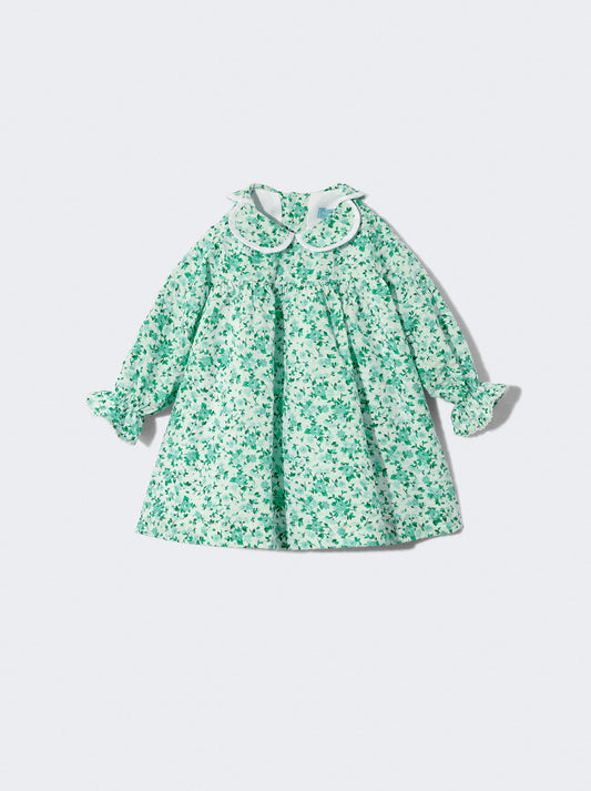 Vestido floral com gola de flor