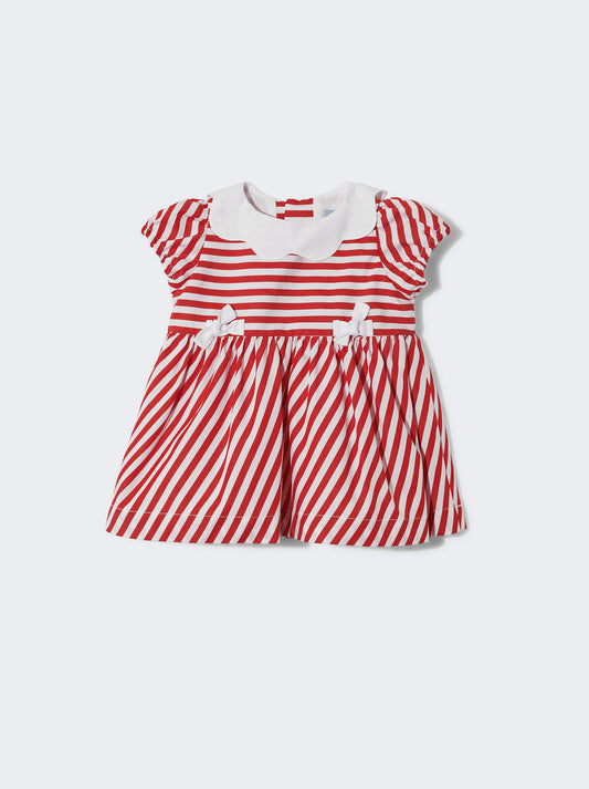 Vestido às riscas vermelhas com gola de flor