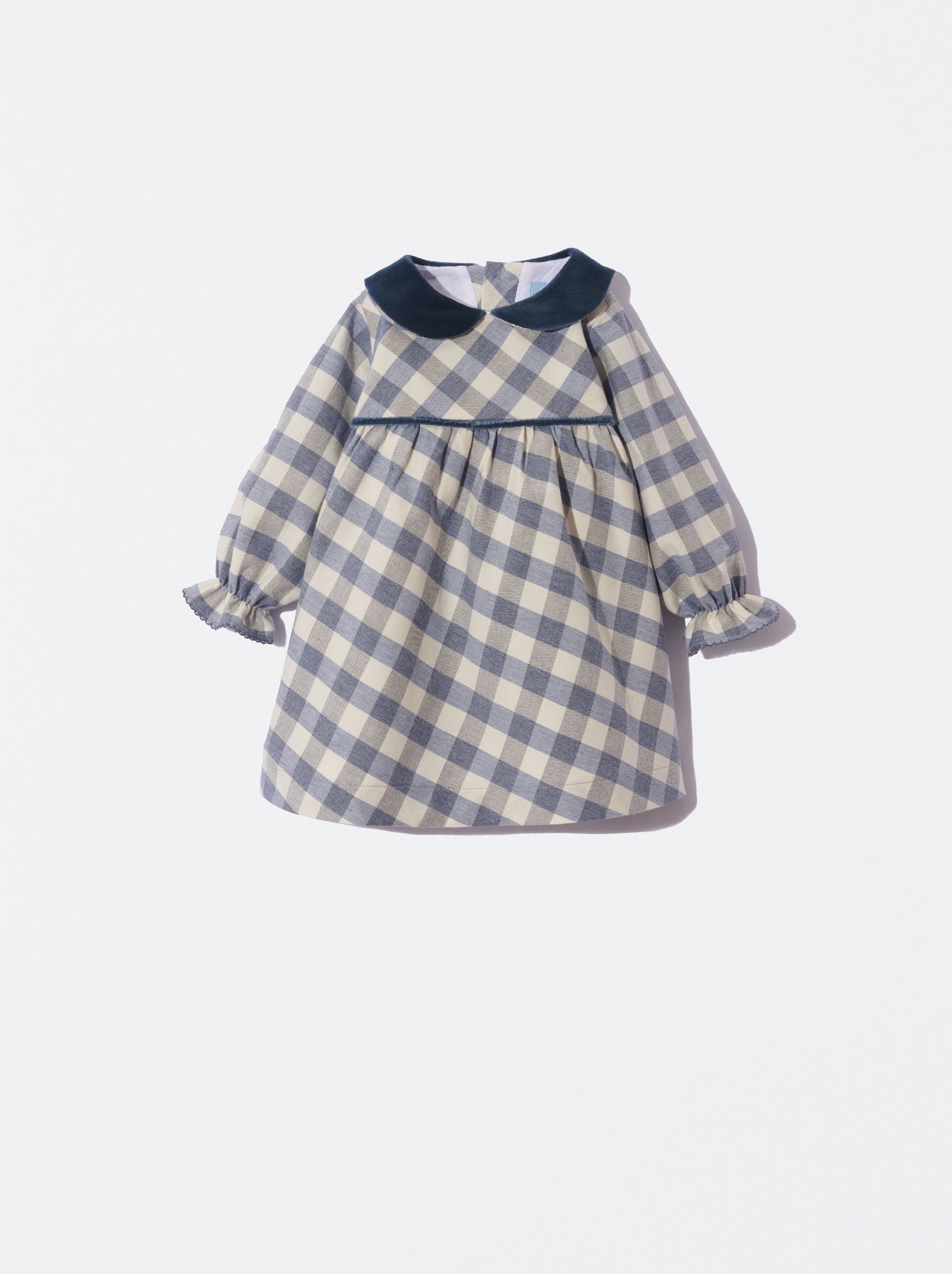 Vestido xadrez azul com gola de veludo