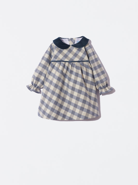 Vestido xadrez azul com gola de veludo